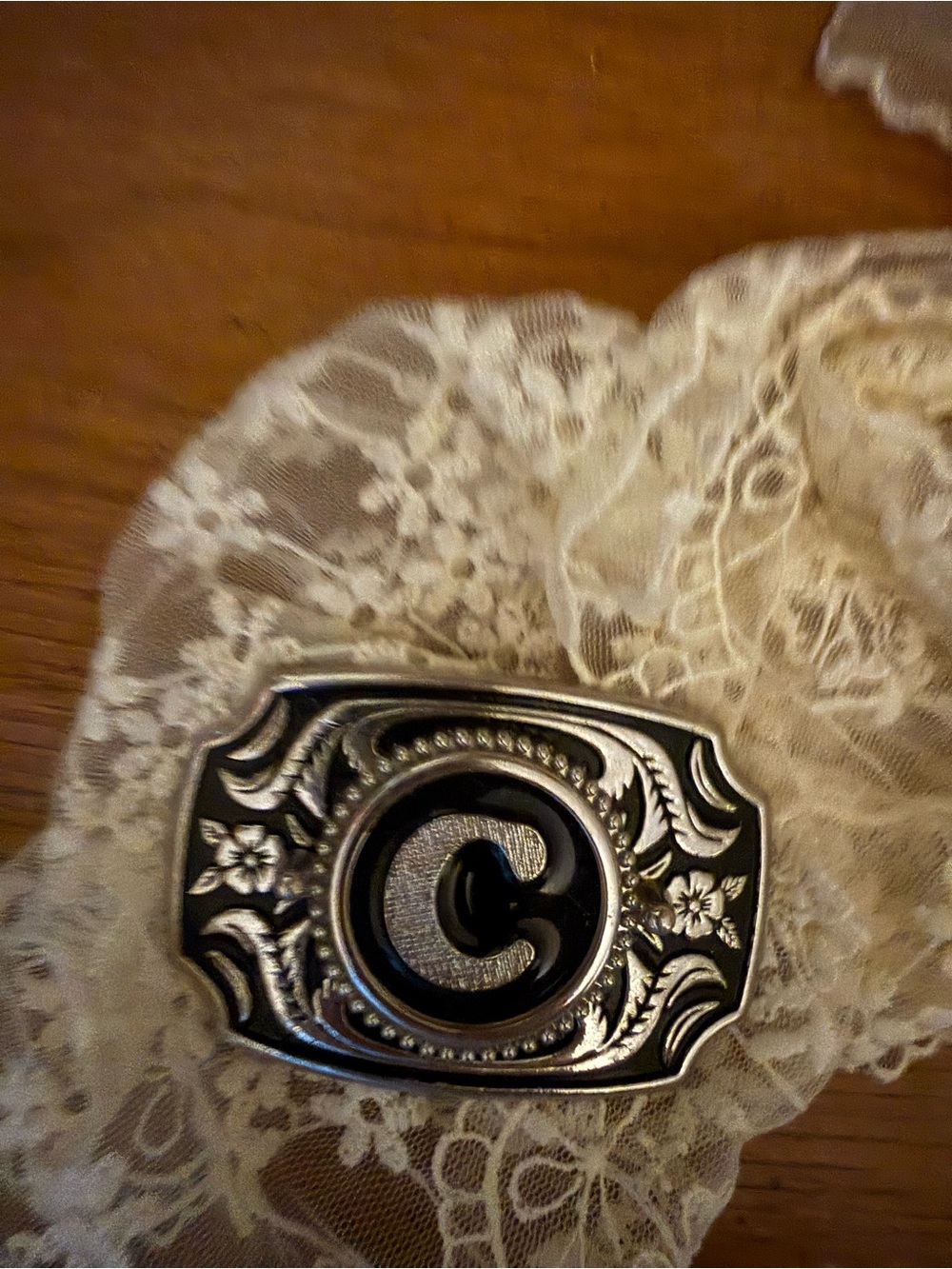 Silver-Tone Floral Western Belt Buckle with Black Inlay